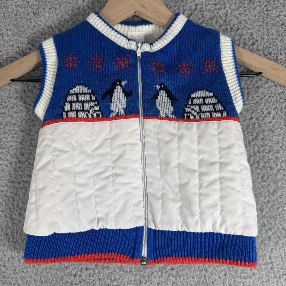 Vintage 18 Month Childs Blue & White Christmas Vest Penguin Igloo Outfit Church